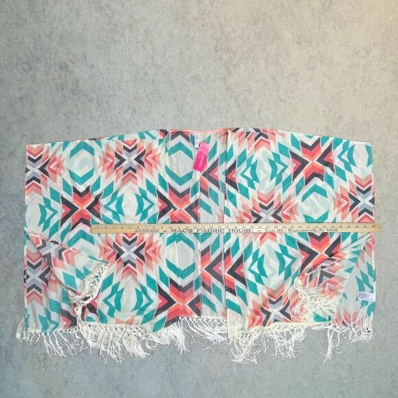 Kimono Cardigan Womens Size S/M Aztec Ivory Open Boxy Fringe Bohemian Cover Up - Picture 12 of 13